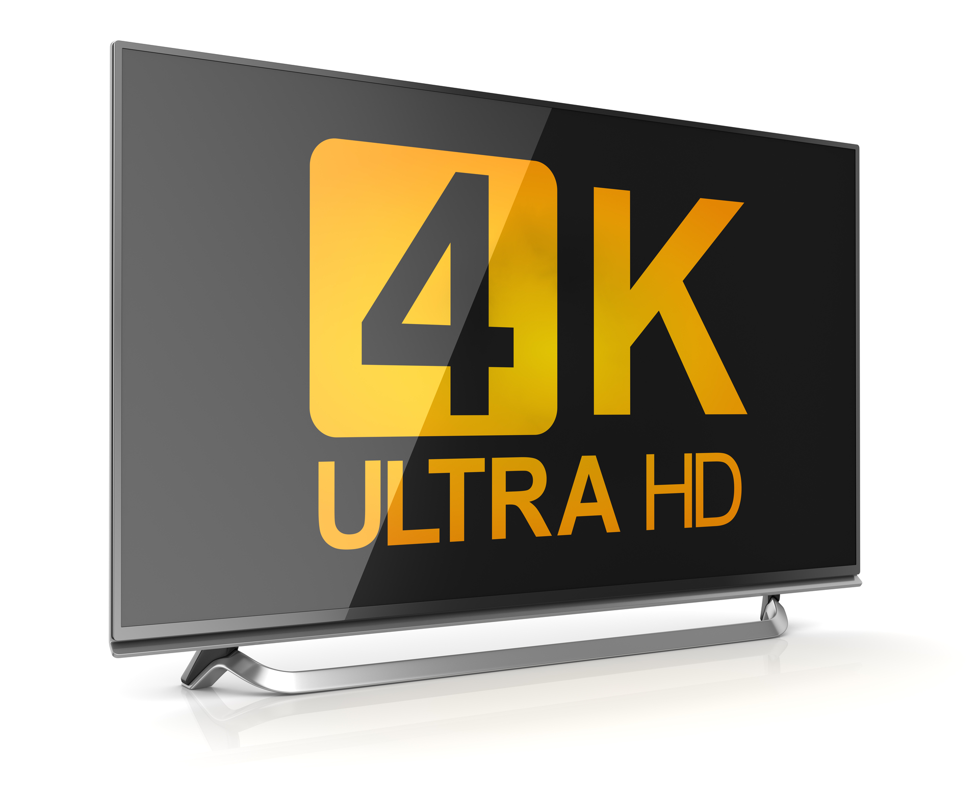 På bilden kan man se en TV-skärm som visar texten "4K ULTRA HD" i gula och orangea nyanser. Skärmen har en smal ram och står på ett silverfärgat ställ