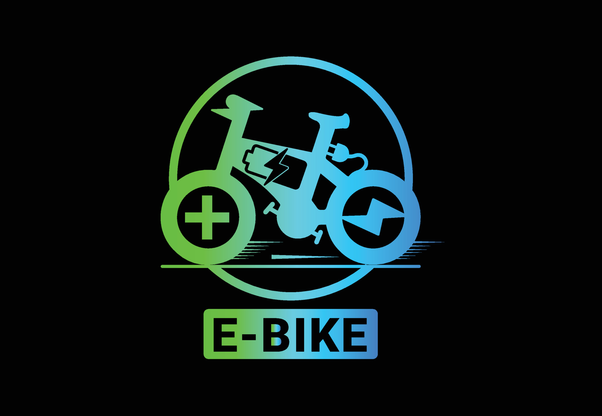 Bilden visar en grafisk illustration av en elcykel, ofta kallad "E-BIKE". Cykelns silhuett är framställd i ljusblåa och gröna färger mot en svart bakgrund. Ovanför och nedanför cykeln finns symboler för elektricitet och en plustecken. Längst ner på bilden finns texten "E-BIKE" i grönt, vilket framhäver att det handlar om en elektrisk cykel. Designen är modern och ger intrycket av innovation och miljövänlighet